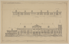 217175 Opstanden van de achtergevel en de voorgevel van het nieuwe gebouw van de Rijksmunt (Leidseweg 90) te Utrecht.